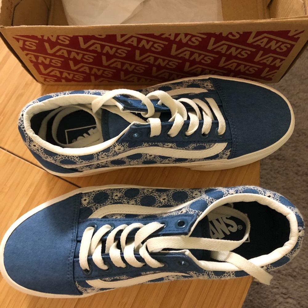 New Vans Old Skool Stacked Denim Mix Blue White Platform Sneakers - Picture 4 of 7